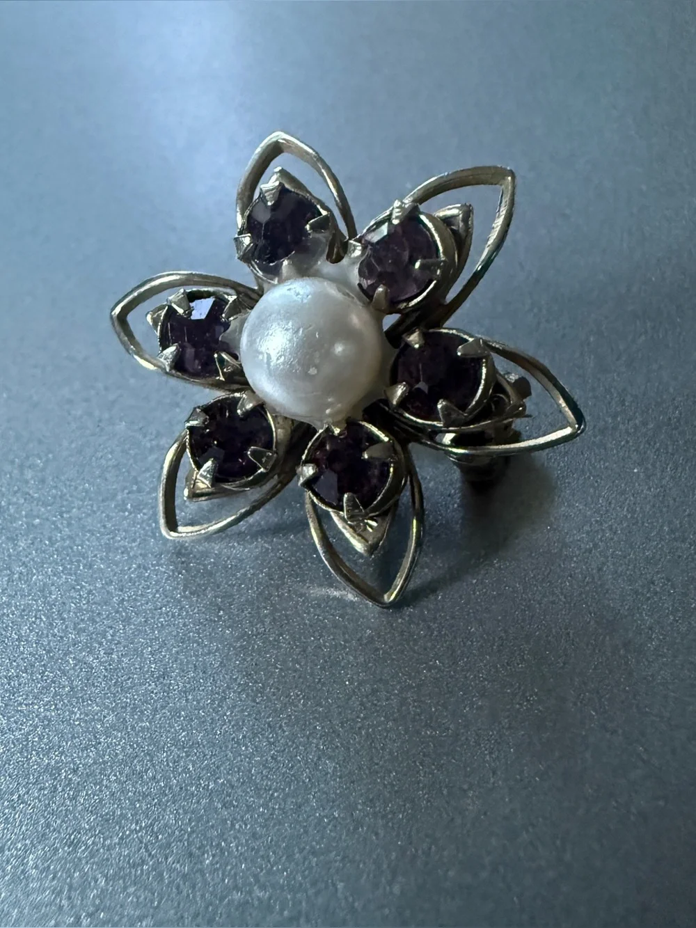 Vintage Silver Amethyst Purple Rhinestone Faux Pearl Flower Brooch